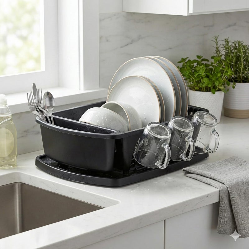 Tribello Sink Dish Drying Rack, Heavy Duty Hard Plastic Drying Rack, Dish Drainer for Kitchen Counter with Drainboard Set, with Silverware Holder - 18 x 13 x 6 (Black) - Made in USA - Image 2